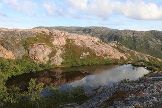 Tarn on Ørnfløya with pink rocks